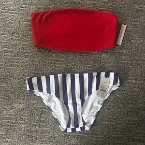 Shade & Shore Red Bandeau Top with Navy and White Striped Bottoms